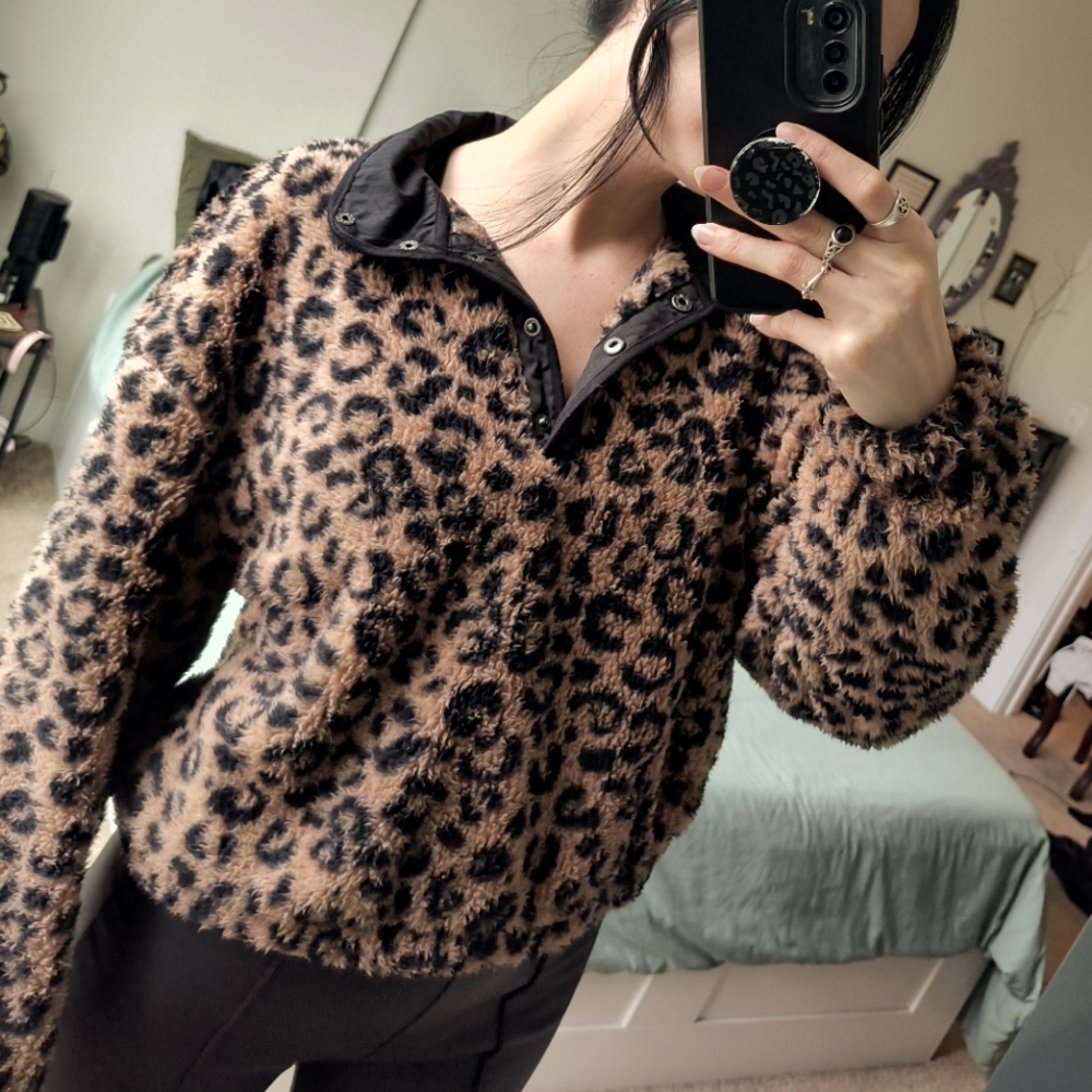 PacSun Coco Sherpa Henley Sweatshirt Cheetah Print